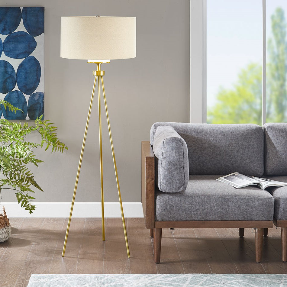 Pacific Metal Tripod Floor Lamp with Glass Shade - Gold