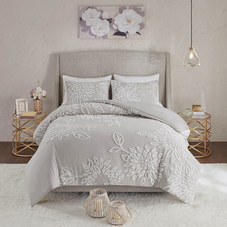 Madison Park Veronica 3 Piece Tufted Cotton Chenille Floral Duvet Cover Set - Grey / White  - Full Size / Queen Size Shop Online & Save - expresshomedirectr.com