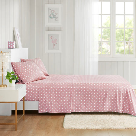 Mi Zone Polka Dot Printed 100% Cotton Sheet Set - Pink - Queen Size