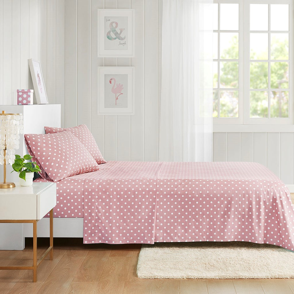 Mi Zone Polka Dot Printed 100% Cotton Sheet Set - Pink - Twin Size