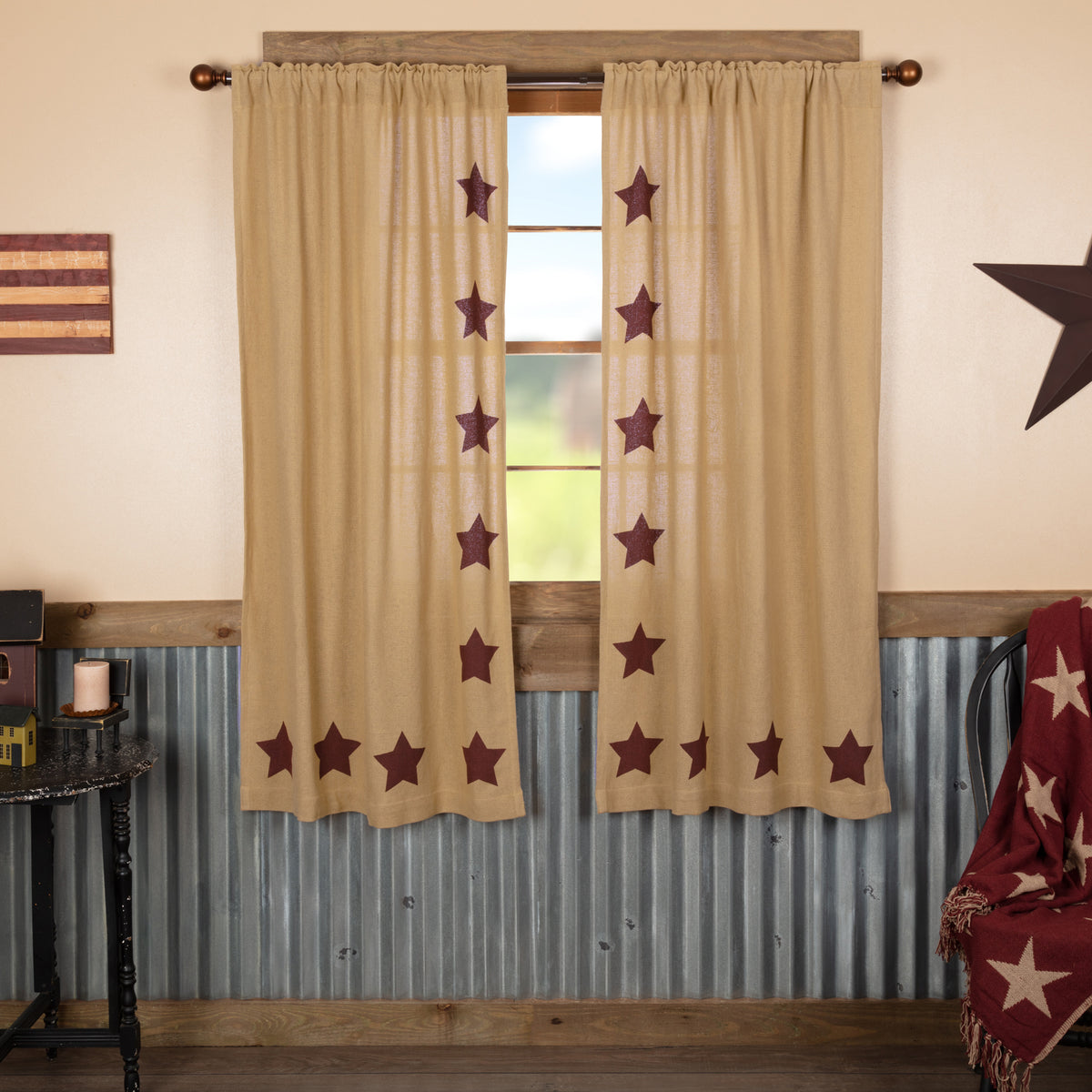 Mayflower Market Burlap w/Burgundy Stencil Stars Short Panel Set of 2 63x36 By VHC Brands