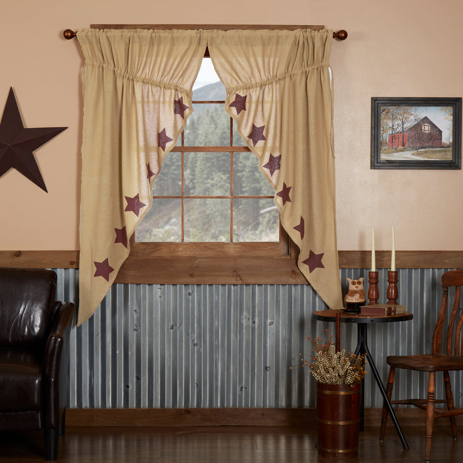 Mayflower Market Burlap w/Burgundy Stencil Stars Prairie Short Panel Set 63x36x18 By VHC Brands