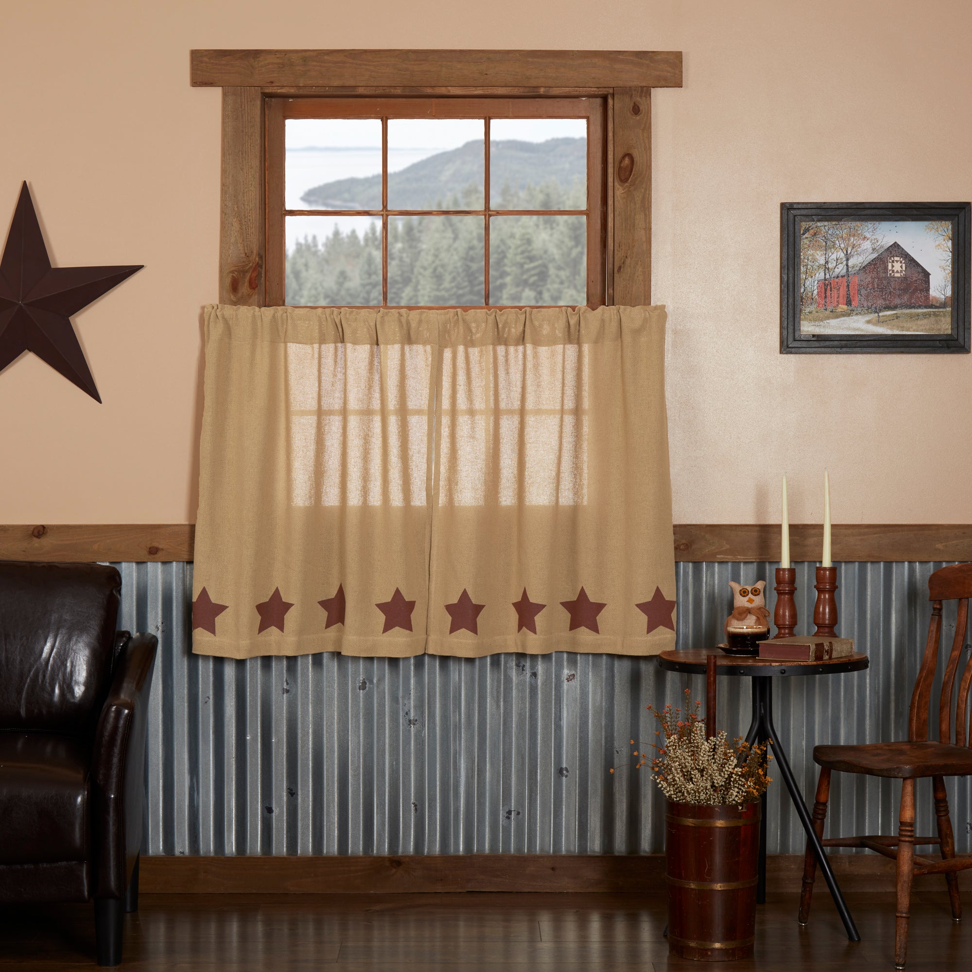 Mayflower Market Burlap w/Burgundy Stencil Stars Tier Set of 2 L36xW36 By VHC Brands