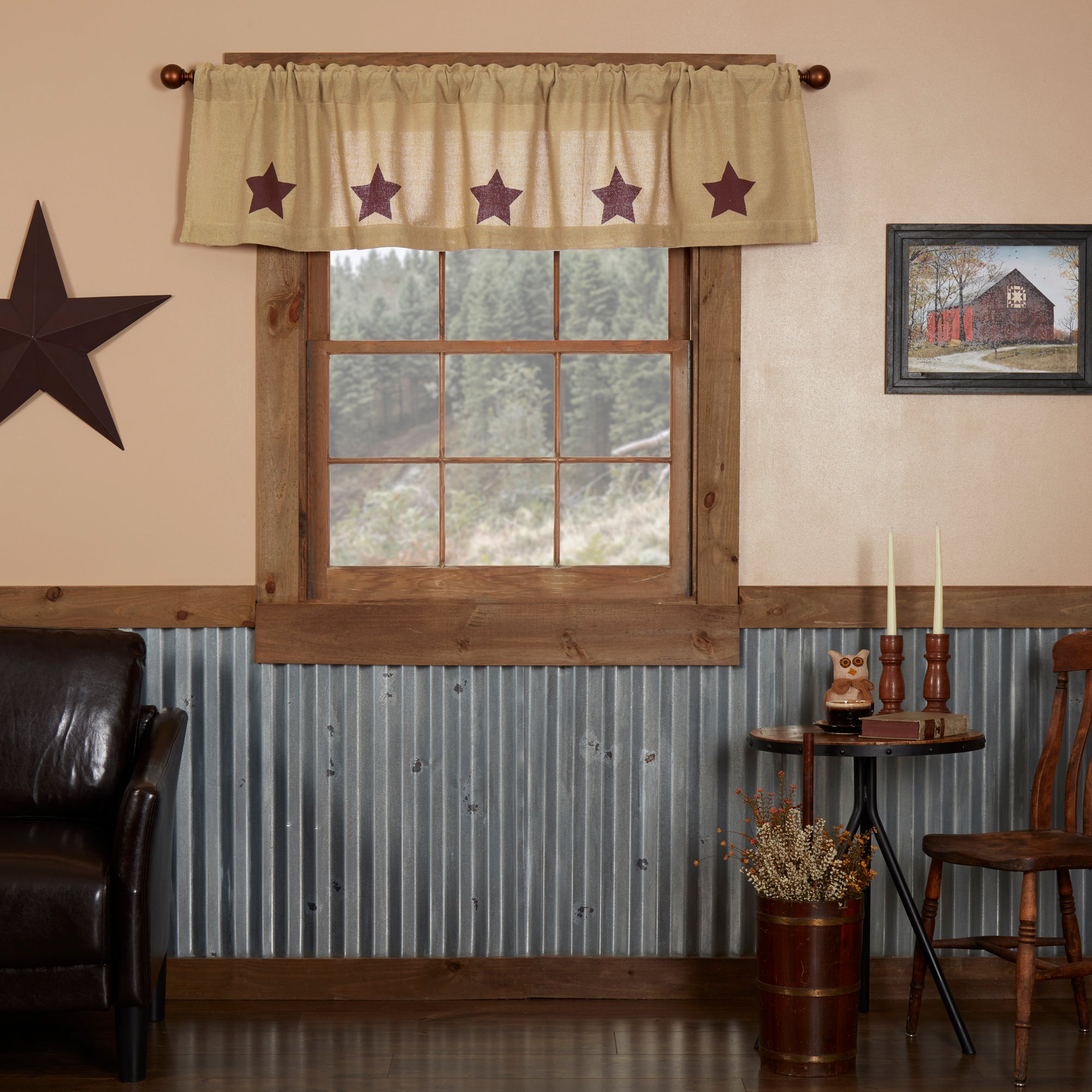 Mayflower Market Burlap w/Burgundy Stencil Stars Valance 16x72 By VHC Brands