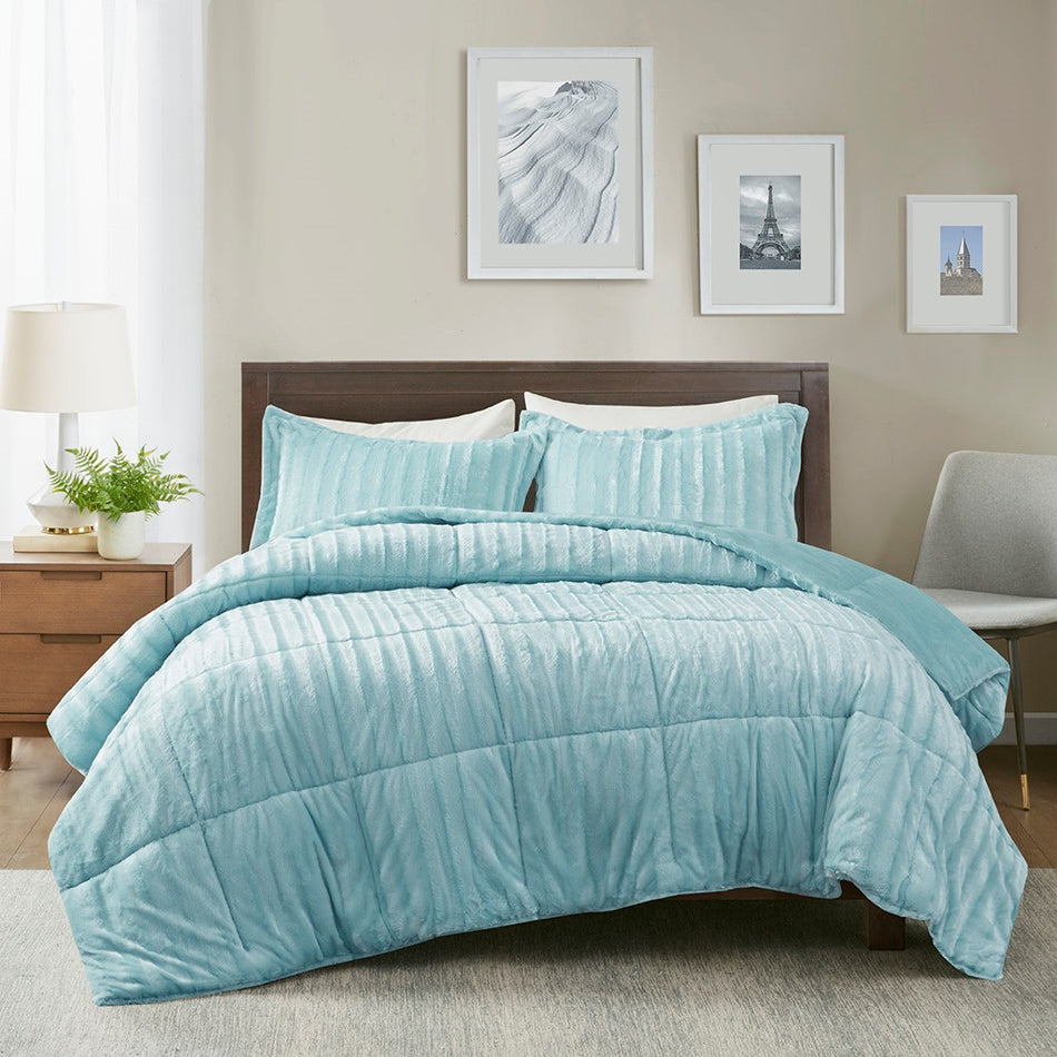 Duke Faux Fur Comforter Mini Set - Aqua - Full Size / Queen Size