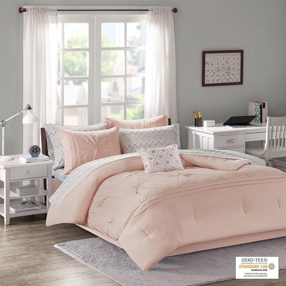 Intelligent Design Toren Embroidered Comforter Set with Bed Sheets - Pink - Twin Size