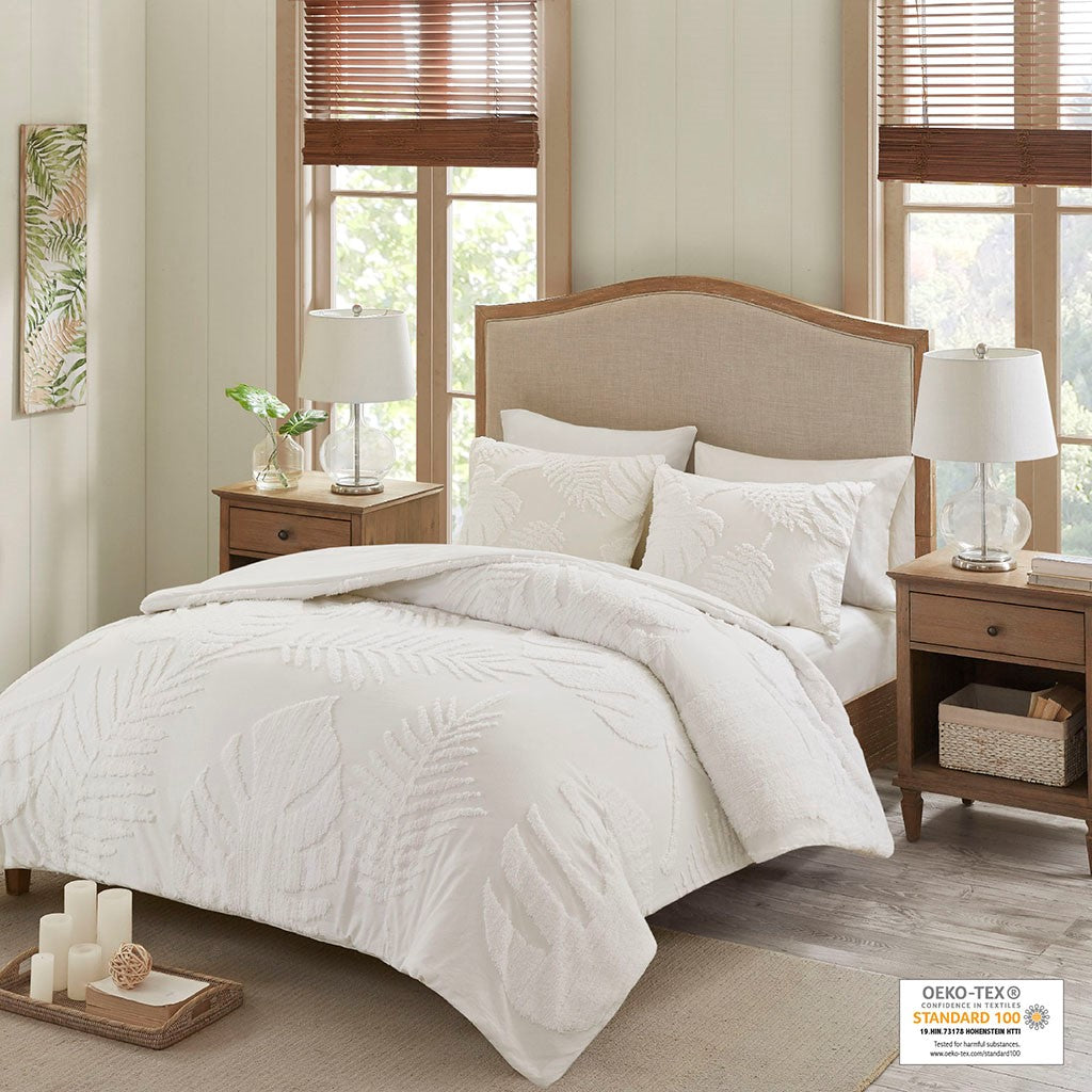 Madison Park Bahari 3 Piece Tufted Cotton Chenille Palm Comforter Set - Off White - King Size / Cal King Size