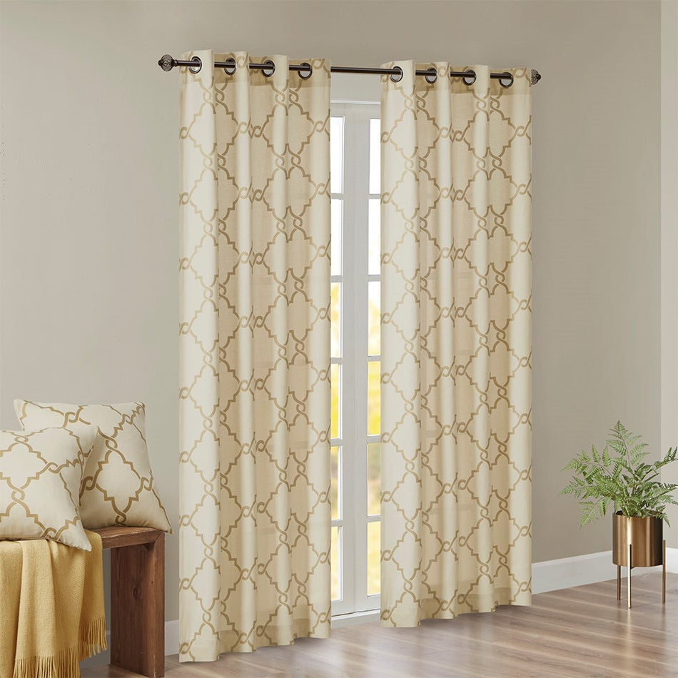 Saratoga Fretwork Print Grommet Top Window Curtain - Beige / Gold - 50x63"