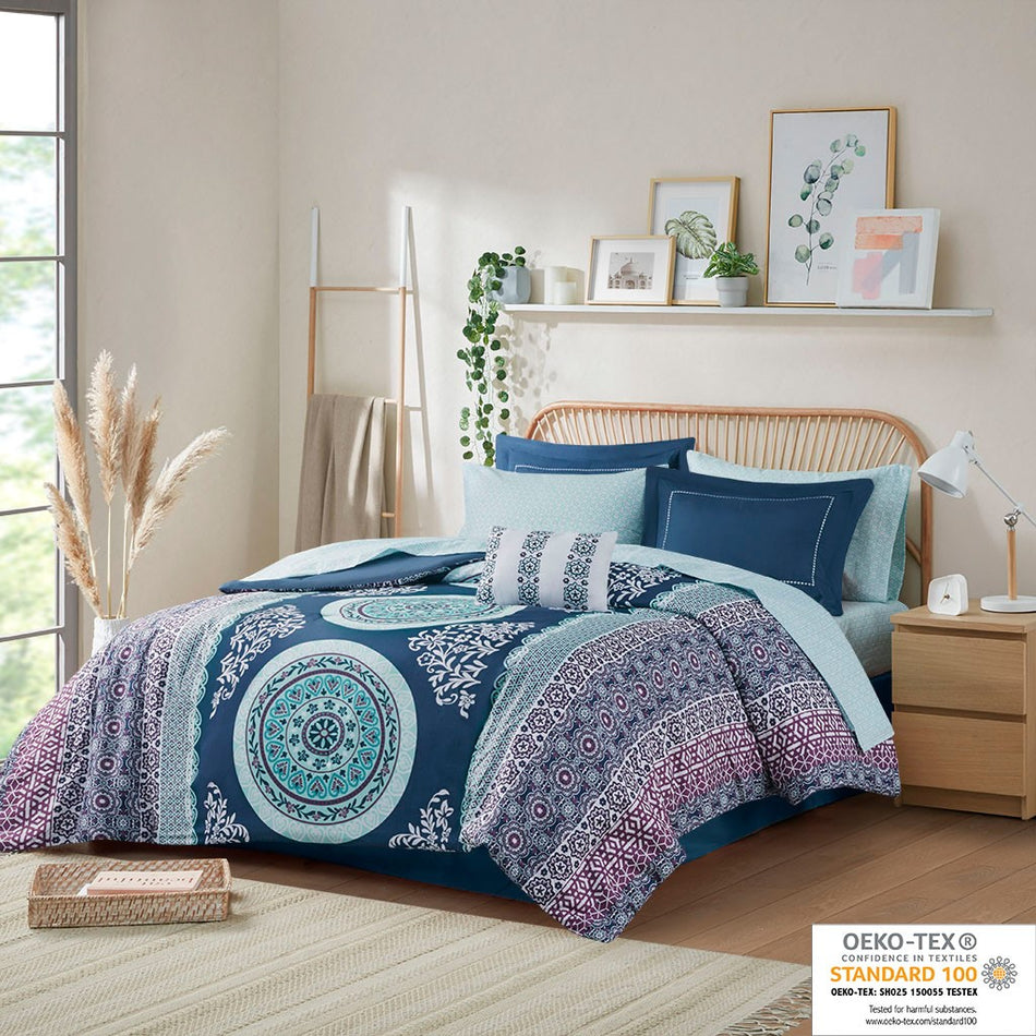 Intelligent Design Loretta Boho Comforter Set with Bed Sheets - Navy - Full Size