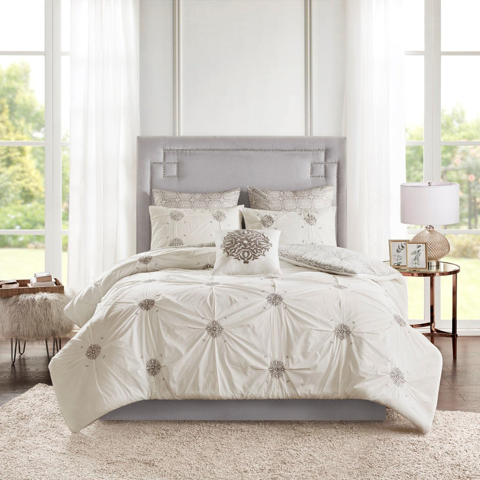 Madison Park Malia 6 Piece Embroidered Cotton Reversible Comforter Set - Ivory  - Full Size / Queen Size Shop Online & Save - expresshomedirectr.com