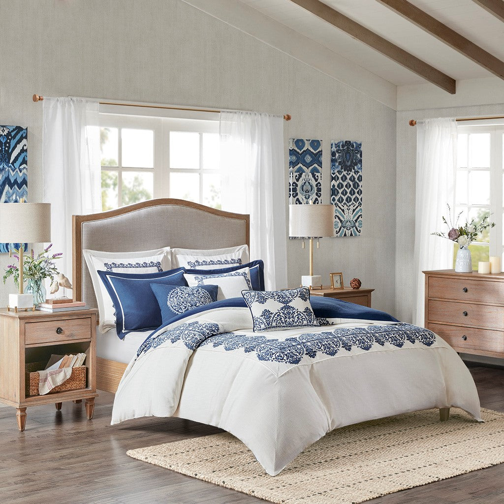 Madison Park Signature Indigo Sky Faux Linen Oversized Comforter Set - Off White / Blue - King Size