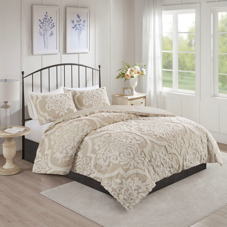 Viola 3 piece Tufted Cotton Chenille Damask Duvet Cover Set - Taupe - Full Size / Queen Size