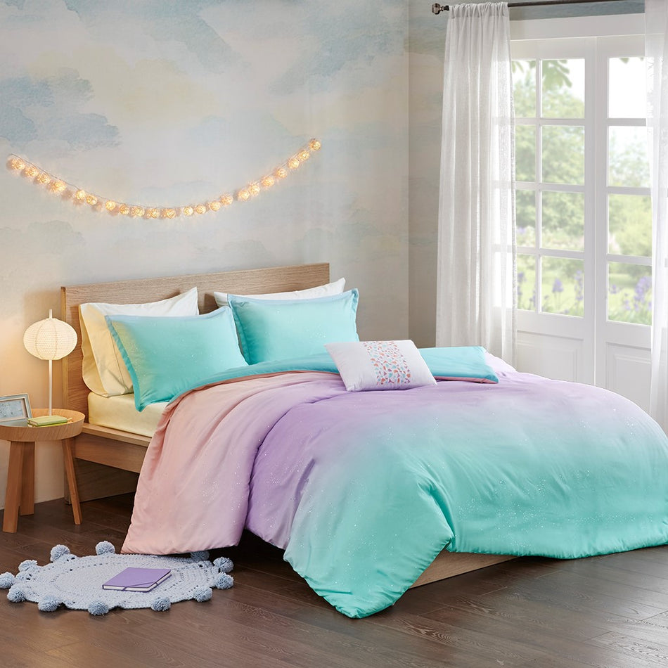 Mi Zone Glimmer Metallic Glitter Printed Reversible Duvet Cover Set - Aqua - Full Size / Queen Size