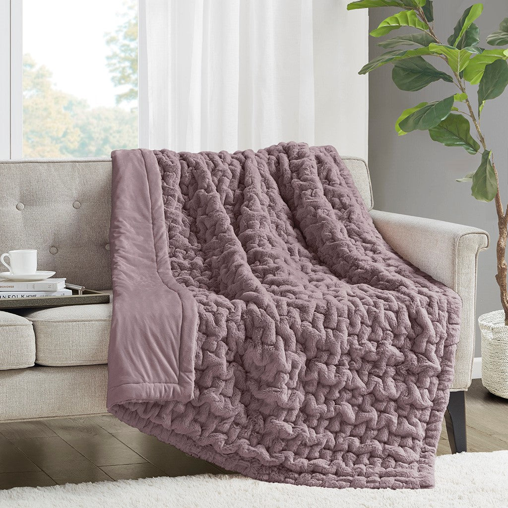 Madison Park Ruched Fur Throw - Lavender - 50x60"