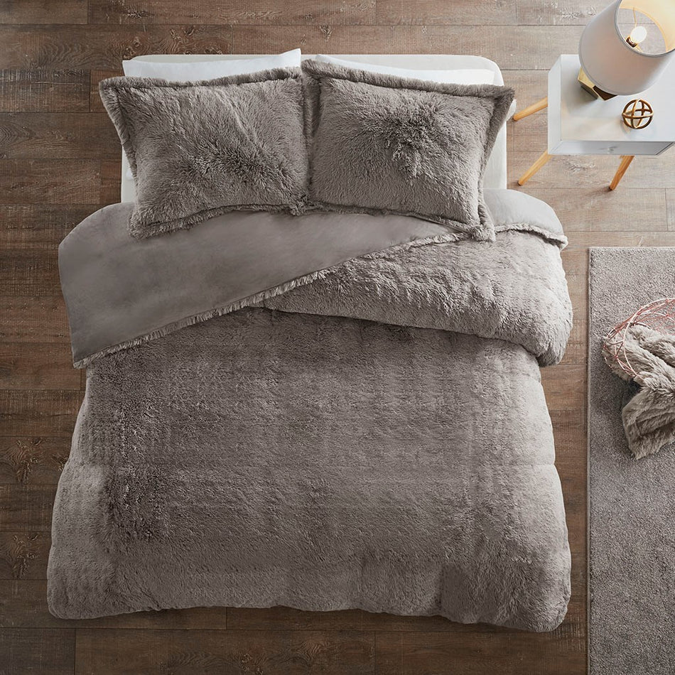 Malea Shaggy Fur Duvet Cover Set - Grey - Twin Size