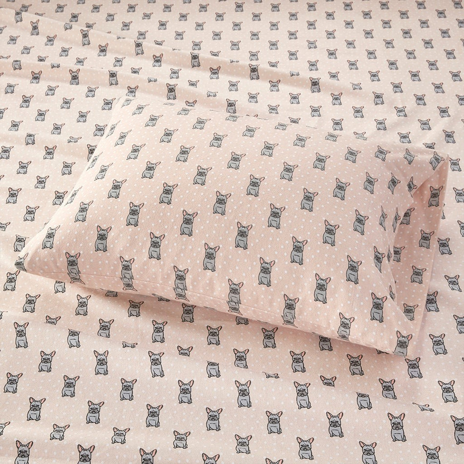 Cozy Cotton Flannel Printed Sheet Set - Pink French Bulldog - King Size