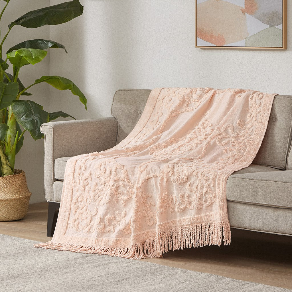 Madison Park Chloe 100% Cotton Tufted Chenille Lightweight Throw With Fringe Tassel 50" x 60" - Blush - 50x60"