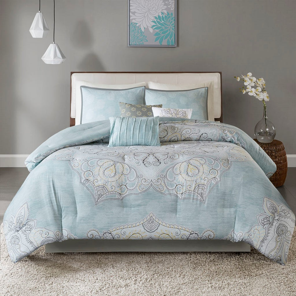 Lucinda 7 Piece Reversible Cotton Sateen Comforter Set - Seafoam - King Size