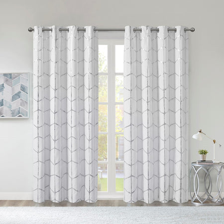 Intelligent Design Raina Total Blackout Metallic Print Grommet Top Curtain Panel - White / Silver - 50x84"