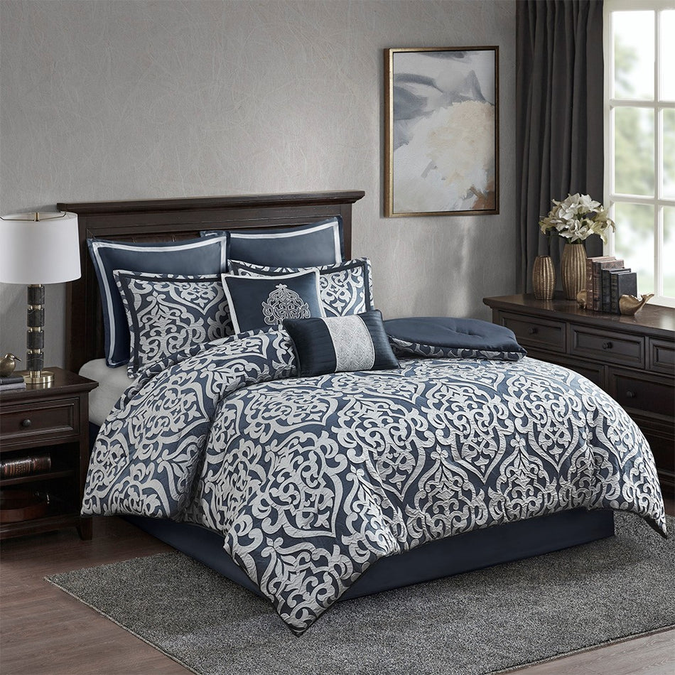 Madison Park Odette 8 Piece Jacquard Comforter Set - Navy - King Size