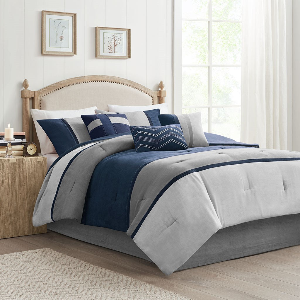 Madison Park Palisades 7 Piece Faux Suede Comforter Set - Blue - King Size