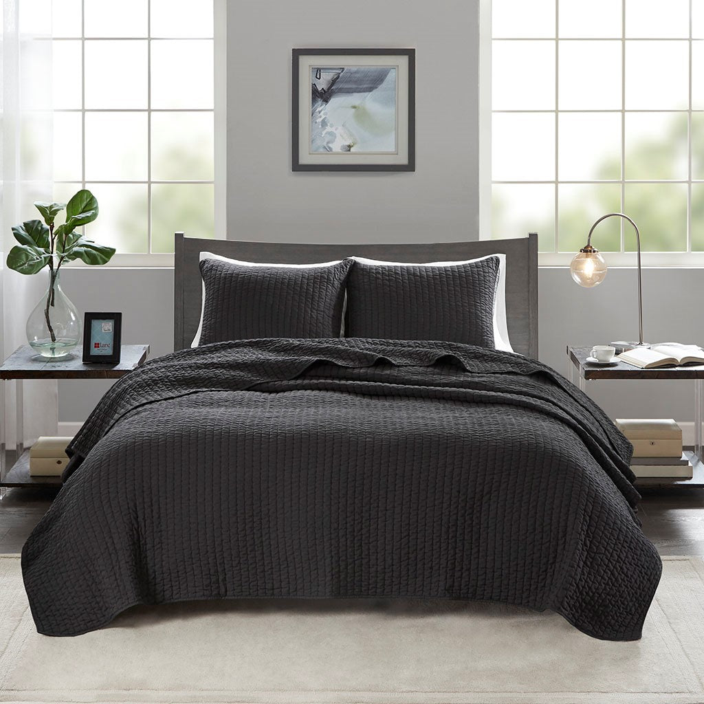 Madison Park Keaton 3 Piece Quilt Set - Black  - Full Size / Queen Size Shop Online & Save - expresshomedirectr.com