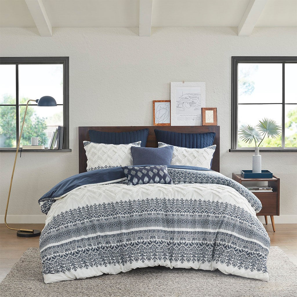 INK+IVY Mila 3 Piece Cotton Comforter Set with Chenille Tufting - Navy  - King Size / Cal King Size Shop Online & Save - expresshomedirectr.com