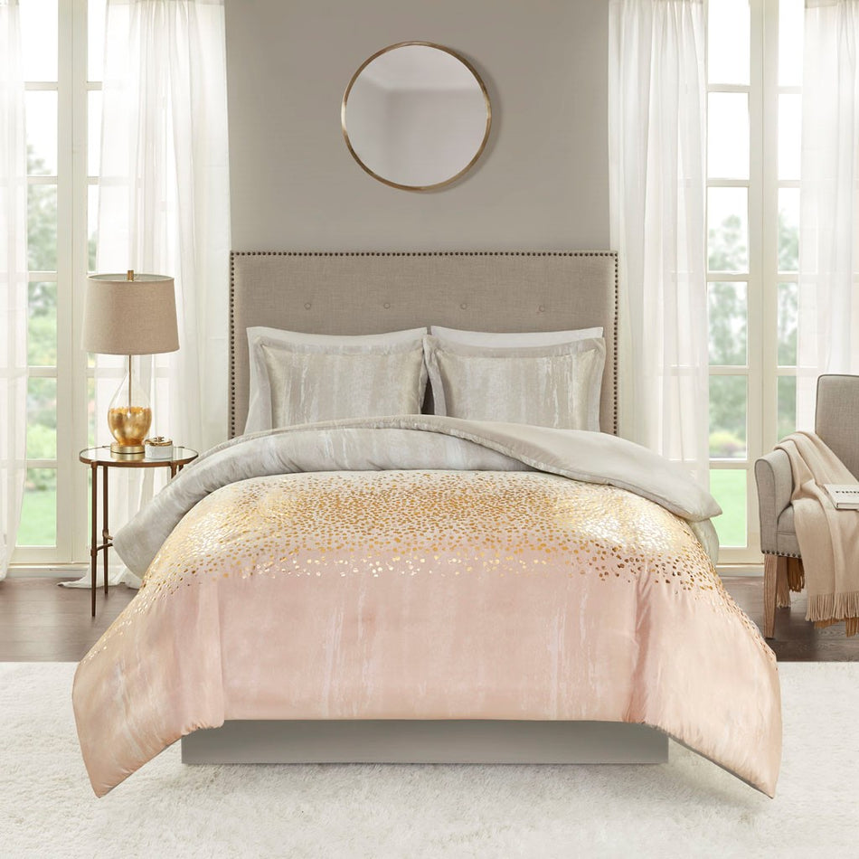 Midnight Garden 3 Piece Metallic Print Duvet Set - Blush - Full Size / Queen Size