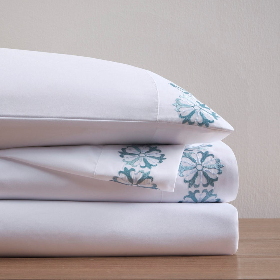 Embroidered Microfiber 4 PC Sheet Set - Teal Medallion - Queen Size