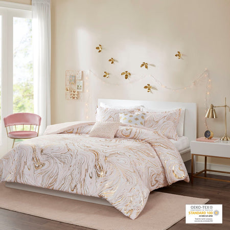 Intelligent Design Rebecca Metallic Printed Duvet Cover Set - Blush / Gold - Full Size / Queen Size