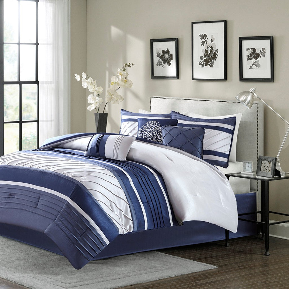 Madison Park Blaire 7 Piece Comforter Set - Navy - Cal King Size