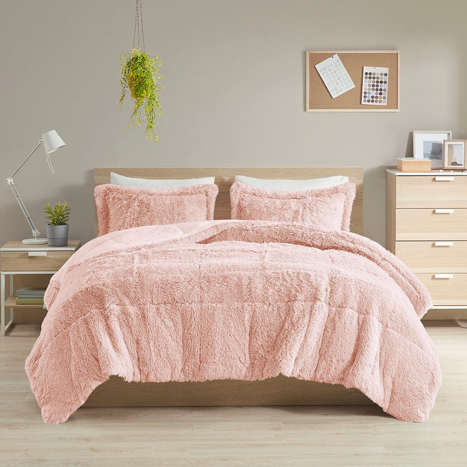 Malea Shaggy Faux Fur Comforter Mini Set - Blush - King Size / Cal King Size