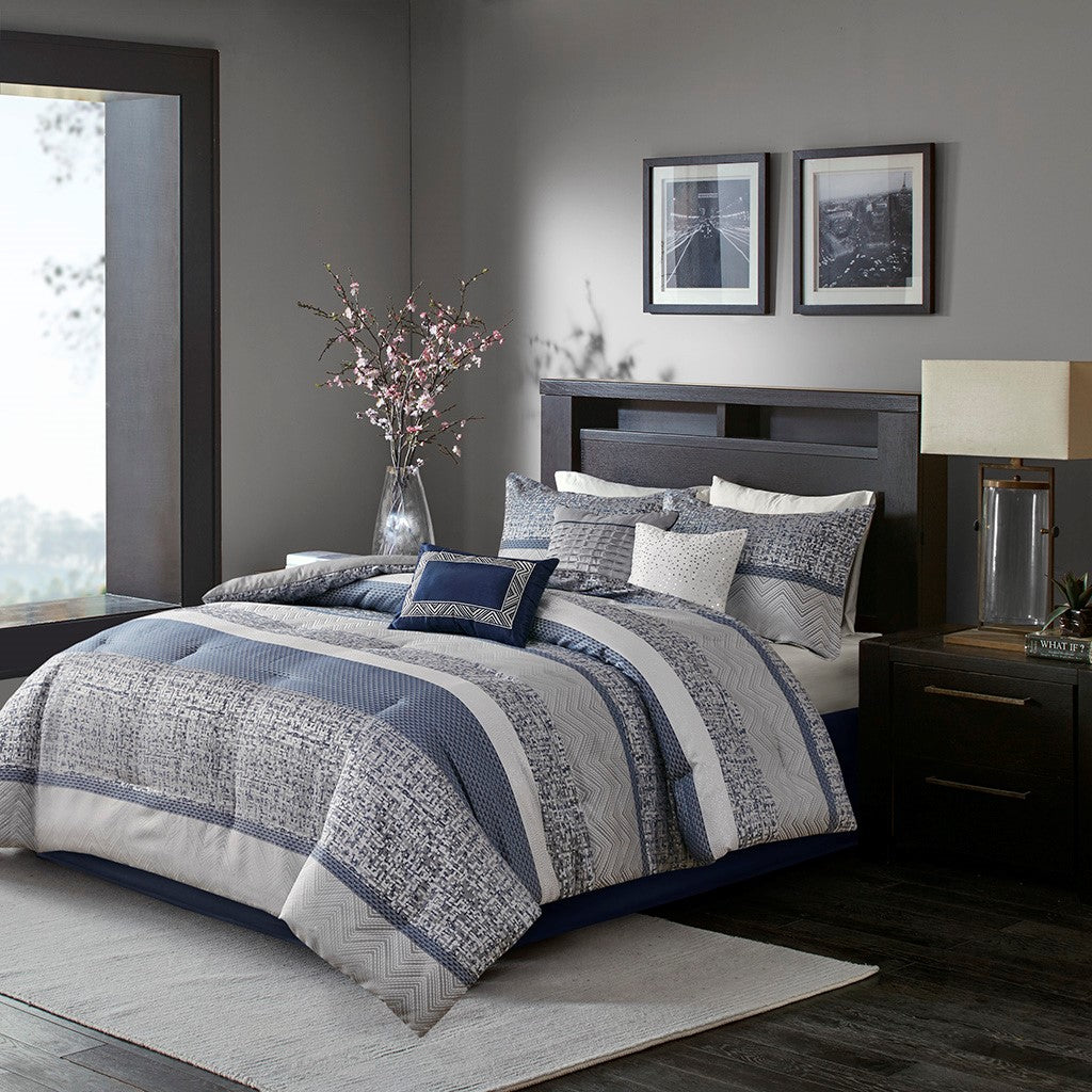 Madison Park Rhapsody 7 Piece Jacquard Comforter Set - Navy - Cal King Size