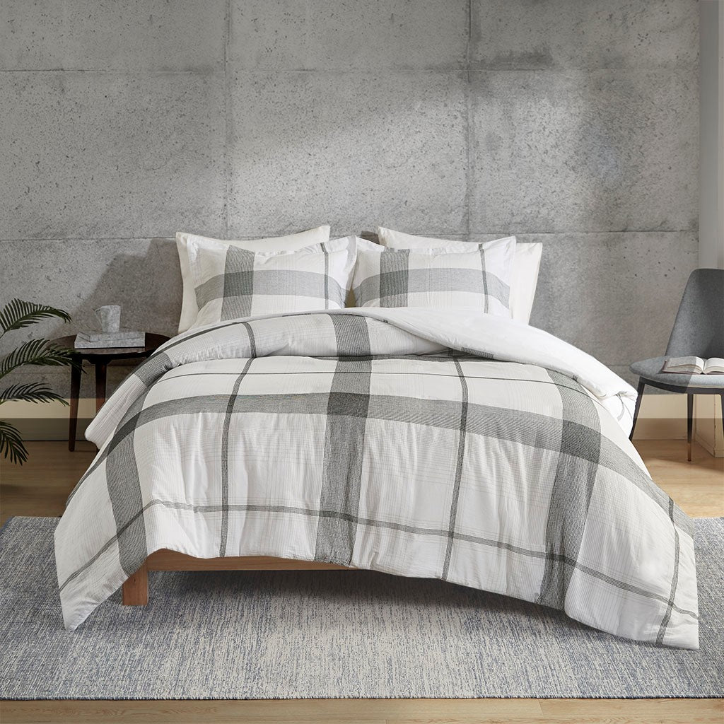 Urban Habitat Union Square Cotton Yarn Dyed Jacquard Plaid Duvet Cover Set - White / Black  - King Size / Cal King Size Shop Online & Save - expresshomedirectr.com