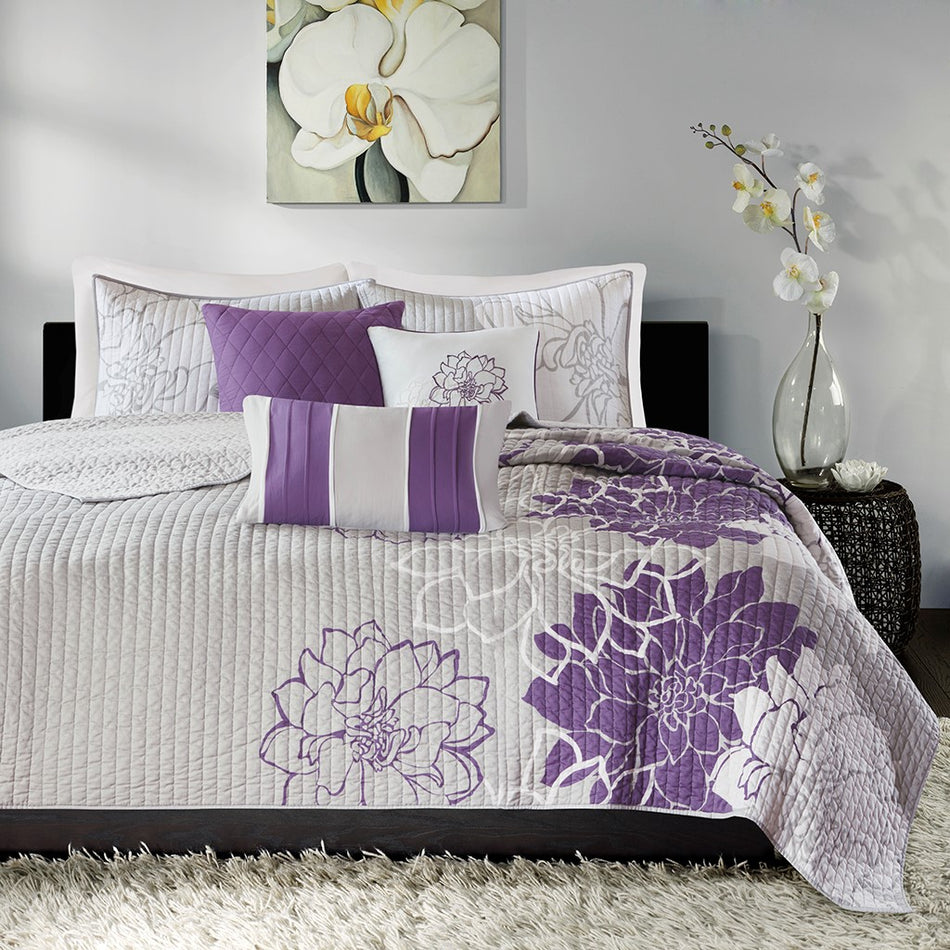 Lola 6 Piece Printed Cotton Quilt Set with Throw Pillows - Purple - Full Size / Queen Size