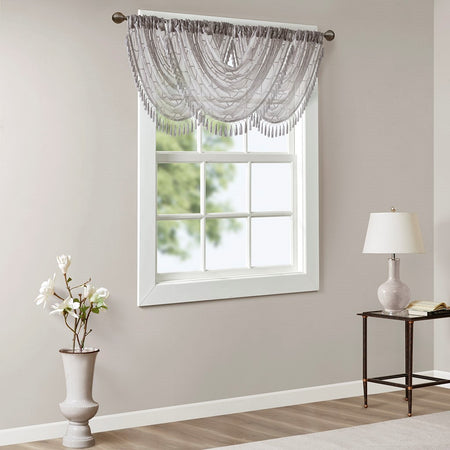 Madison Park Irina Diamond Sheer Embroidered Waterfall Valance - Grey - 38x46"