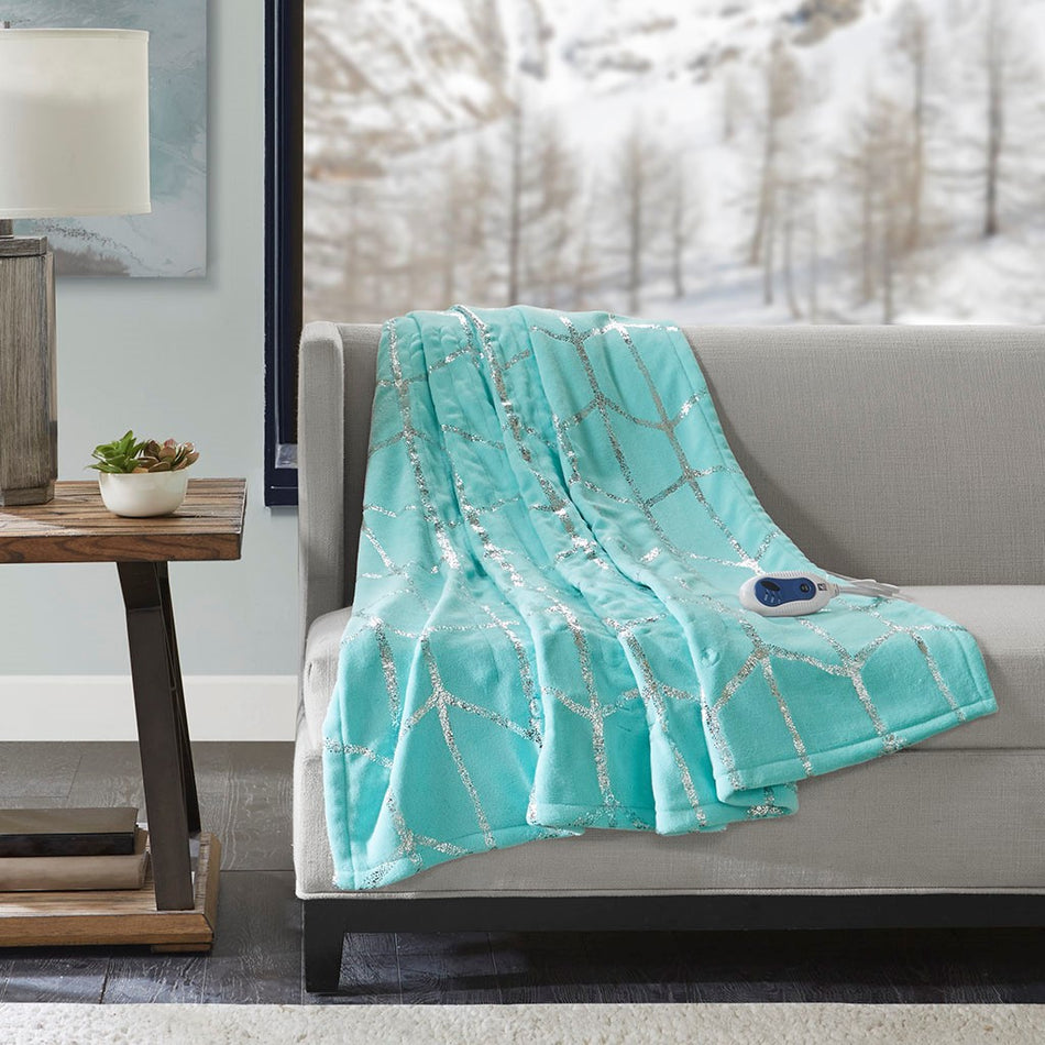 True North by Sleep Philosophy Raina Heated Metallic Print Throw - Aqua - 50x60"