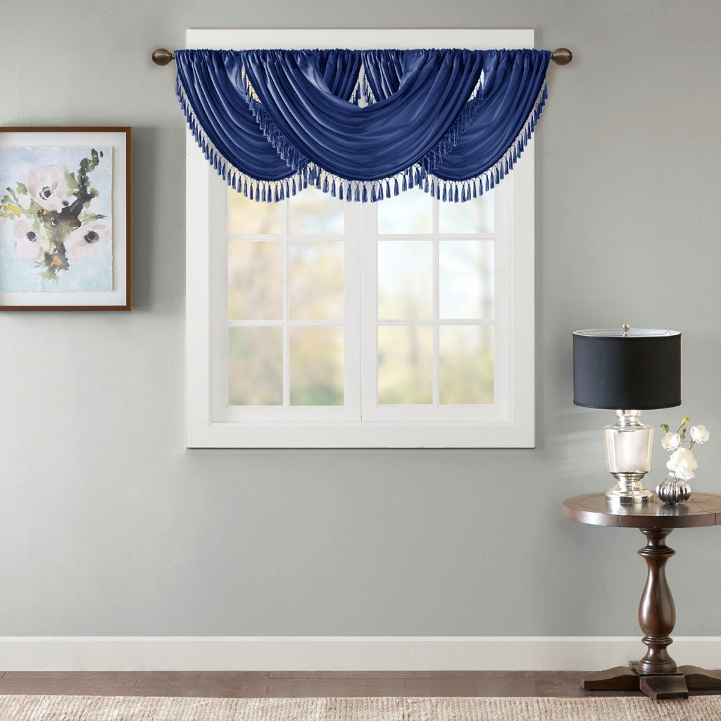 Madison Park Elena Faux Silk Waterfall Embellished Valance - Navy - 38x46"