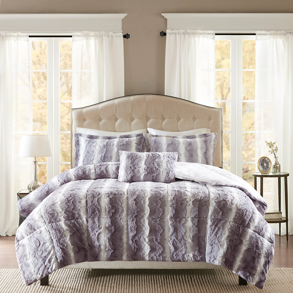 Zuri 4PC Faux Fur Comforter Set - Grey - King Size