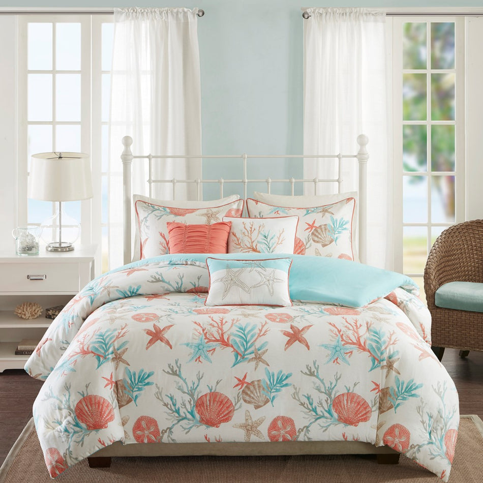 Pebble Beach 6 Piece Cotton Sateen Duvet Cover Set - Coral - Full Size / Queen Size