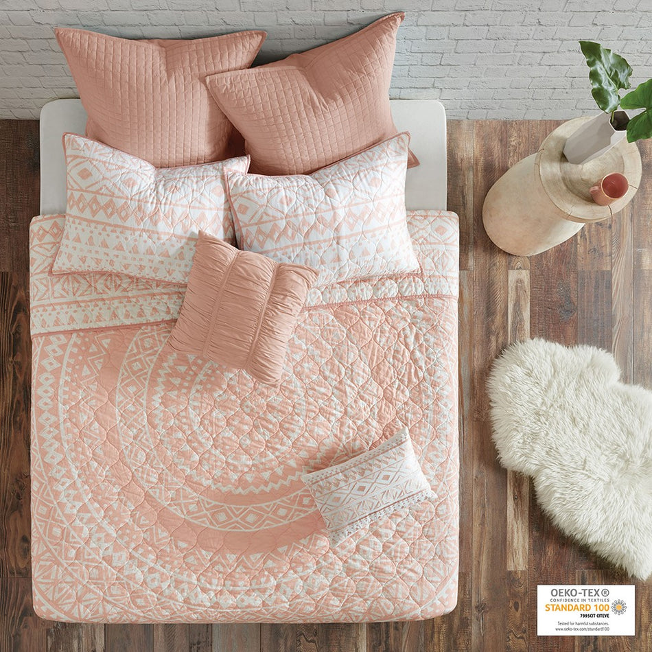 Urban Habitat Larisa 7 Piece Reversible Cotton Quilt Set with Euro Shams and Thrwo Pillows - Blush - Full Size / Queen Size