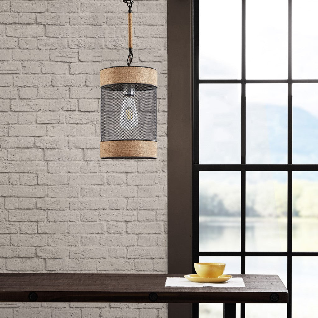 INK+IVY Orion Natural Rope and Metal Mesh Cylinder Pendant - Natural / Black 