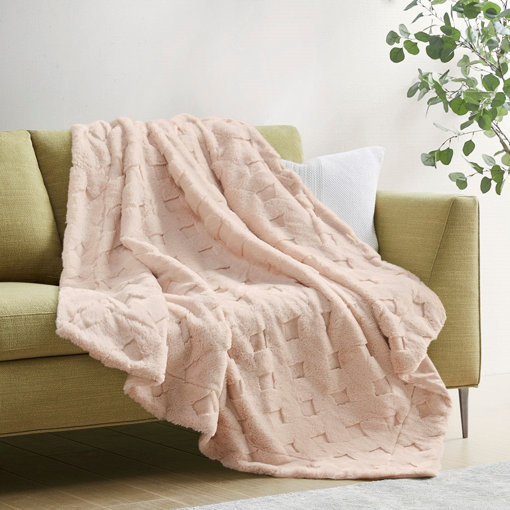 Madison Park Claire Luxury Basketweave Faux Fur Throw - Blush - 50x60"