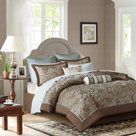 Madison Park Aubrey 12 Piece Complete Bed Set - Blue / Brown - Full Size