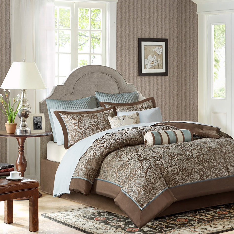 Madison Park Aubrey 12 Piece Complete Bed Set - Blue / Brown - King Size