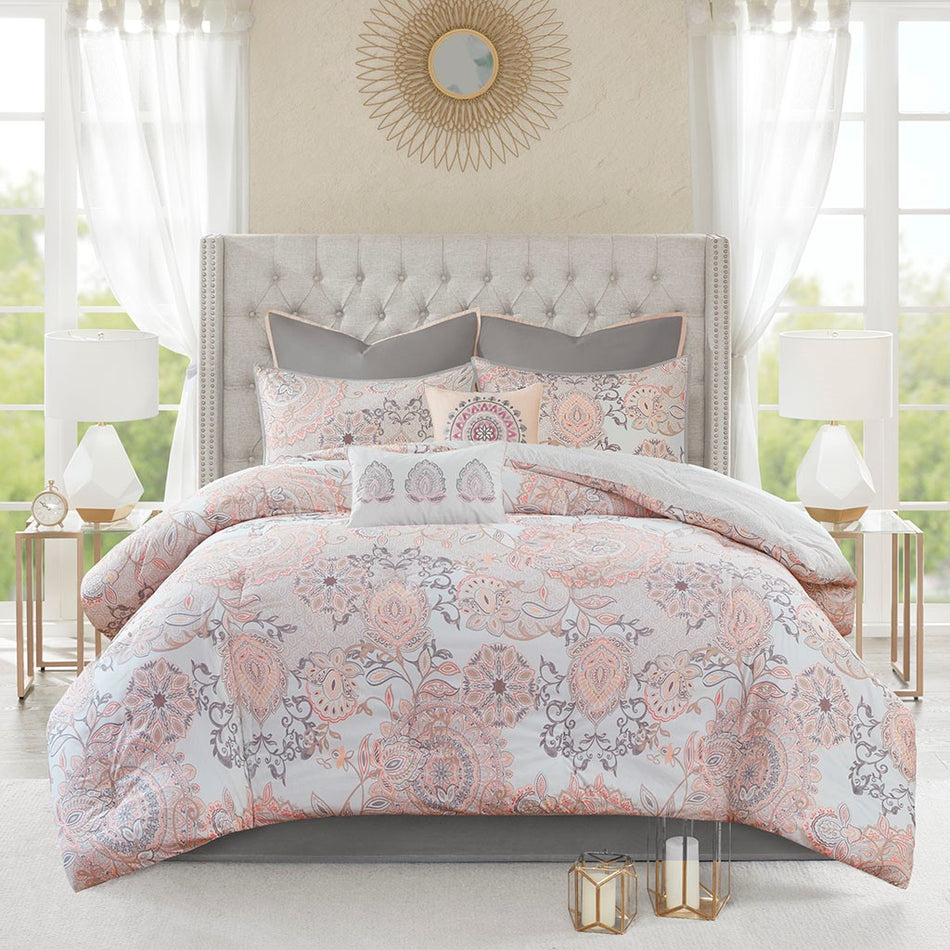 Isla 8 Piece Cotton Floral Printed Reversible Comforter Set - Blush - Queen Size