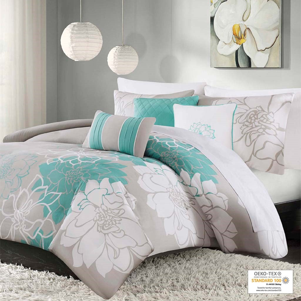 Madison Park Lola 6 Piece Print Duvet Cover Set - Aqua - King Size / Cal King Size