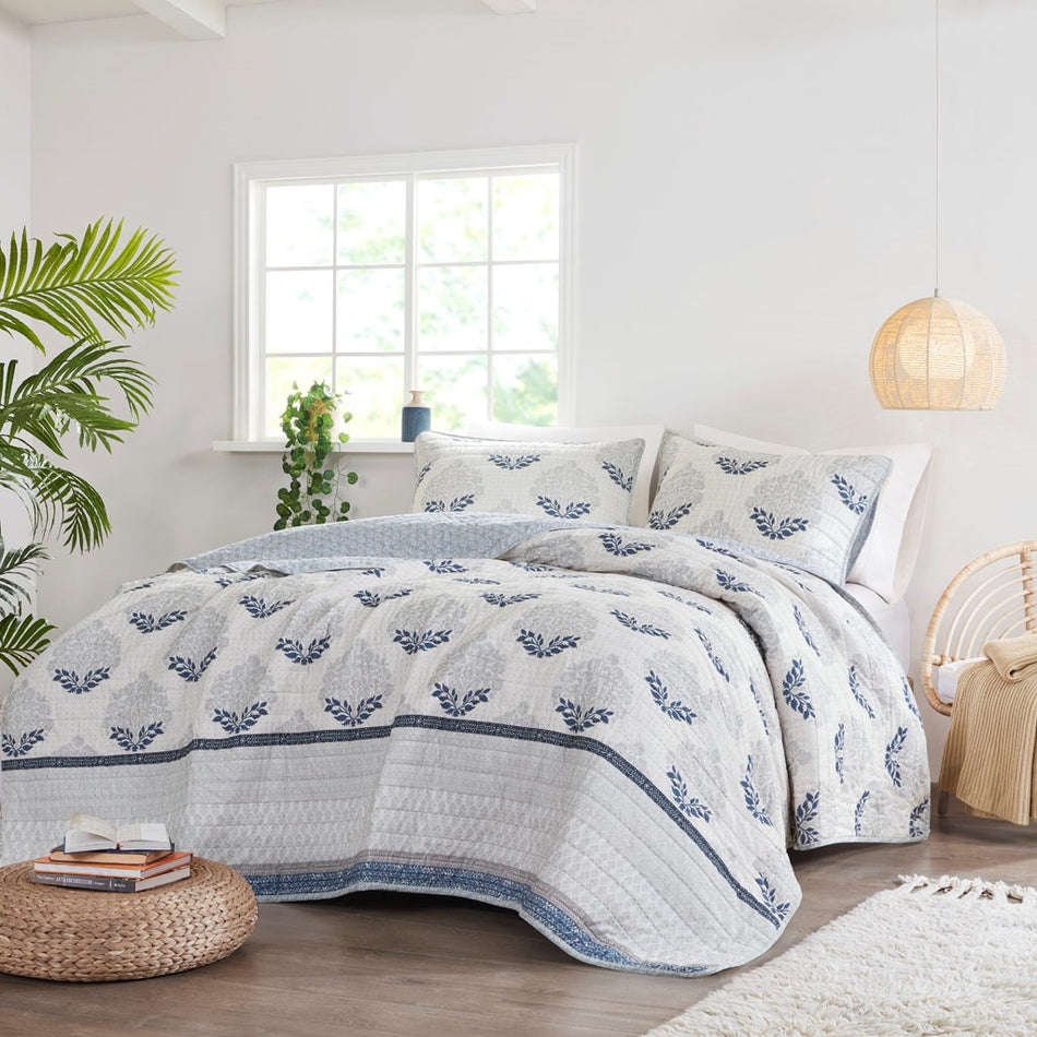 Suri 3 Piece Reversible Cotton Coverlet Set - Indigo - Full Size / Queen Size