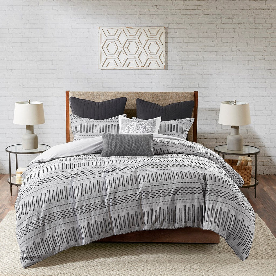 Rhea Cotton Jacquard Duvet Cover Mini Set - Grey / Black - Full Size / Queen Size