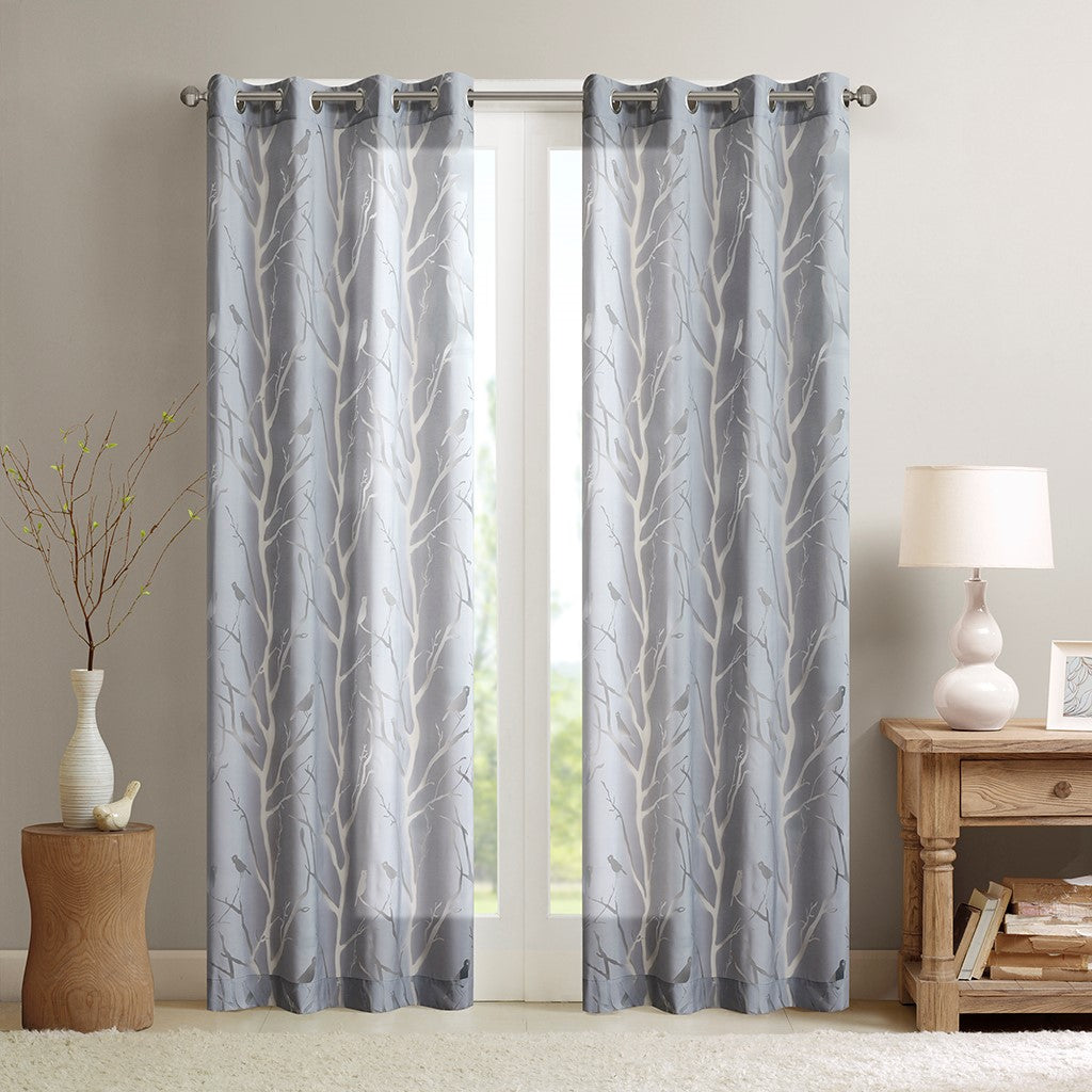 Madison Park Averil Grommet Top Sheer Bird on Branches Burnout Window Curtain - Grey - 50x84"